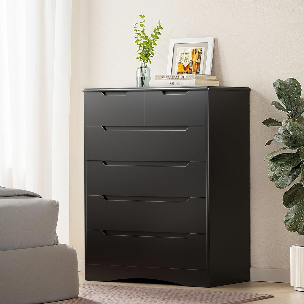 Gizoon 6 Drawer Dresser, Chest of Drawers with Large Storage, Black Dressers for Bedroom, Tall Dresser and Organizer with Anti-Tripping, Wooden Cabinet for Office, Living Room, Entryway