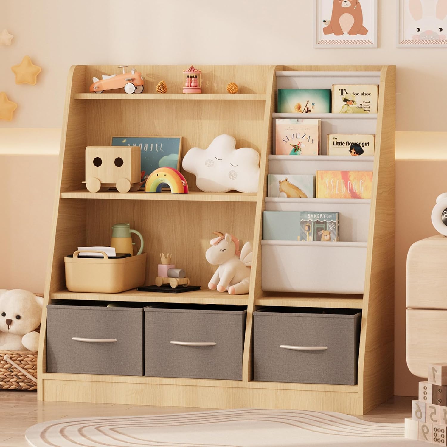 NACHES Kids Bookshelf and Toy Storage, Montessori Sling Bookcase | Wood-based, nursery & kids room storage, fabric toy bins, sling rack, anti-tip design, safety certified