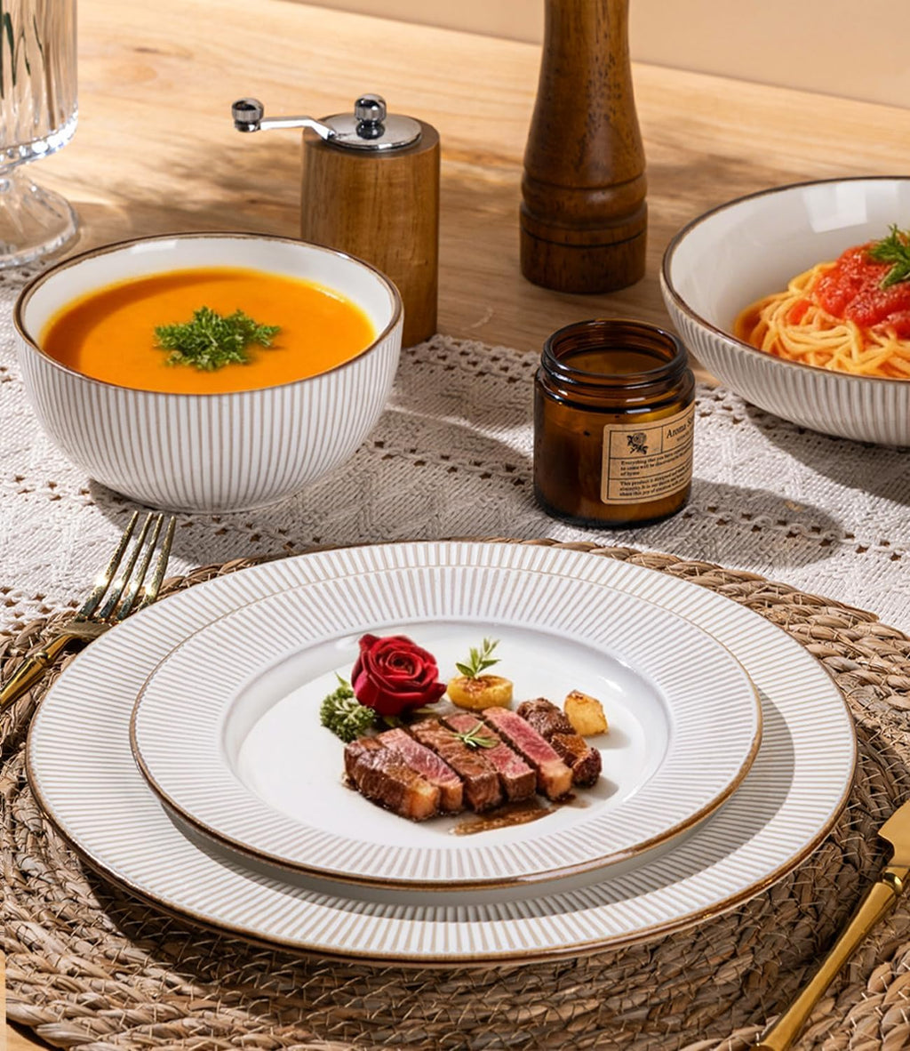 GBHOME Ceramic Dinnerware Sets, 32 pcs Embossed Elegant Stoneware Plates and Bowls Sets, Housewarming Wedding Gift | Dishwasher & Microwave Safe | Dishes Set Service for 8