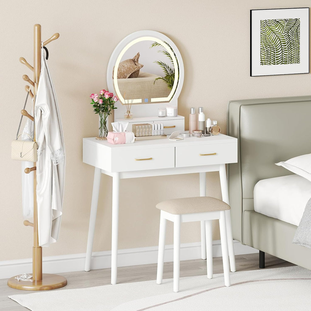 CHARMAID Vanity Desk with Mirror and Lights, Modern Makeup Vanity Table with 4 Drawers, 3-Color Dimmable LED Mirror, Girls Dressing Table and Stool Set for Small Bedroom (White)