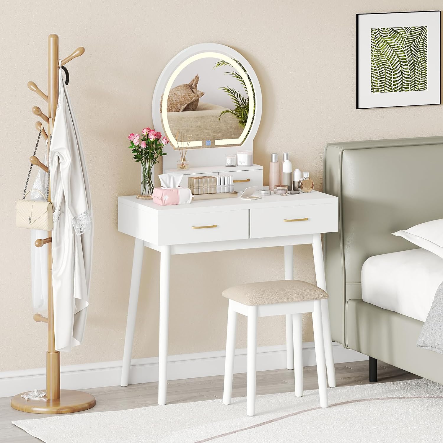 CHARMAID Vanity Desk with Mirror and Lights, Modern Makeup Vanity Table with 4 Drawers, 3-Color Dimmable LED Mirror, Girls Dressing Table and Stool Set for Small Bedroom (White)