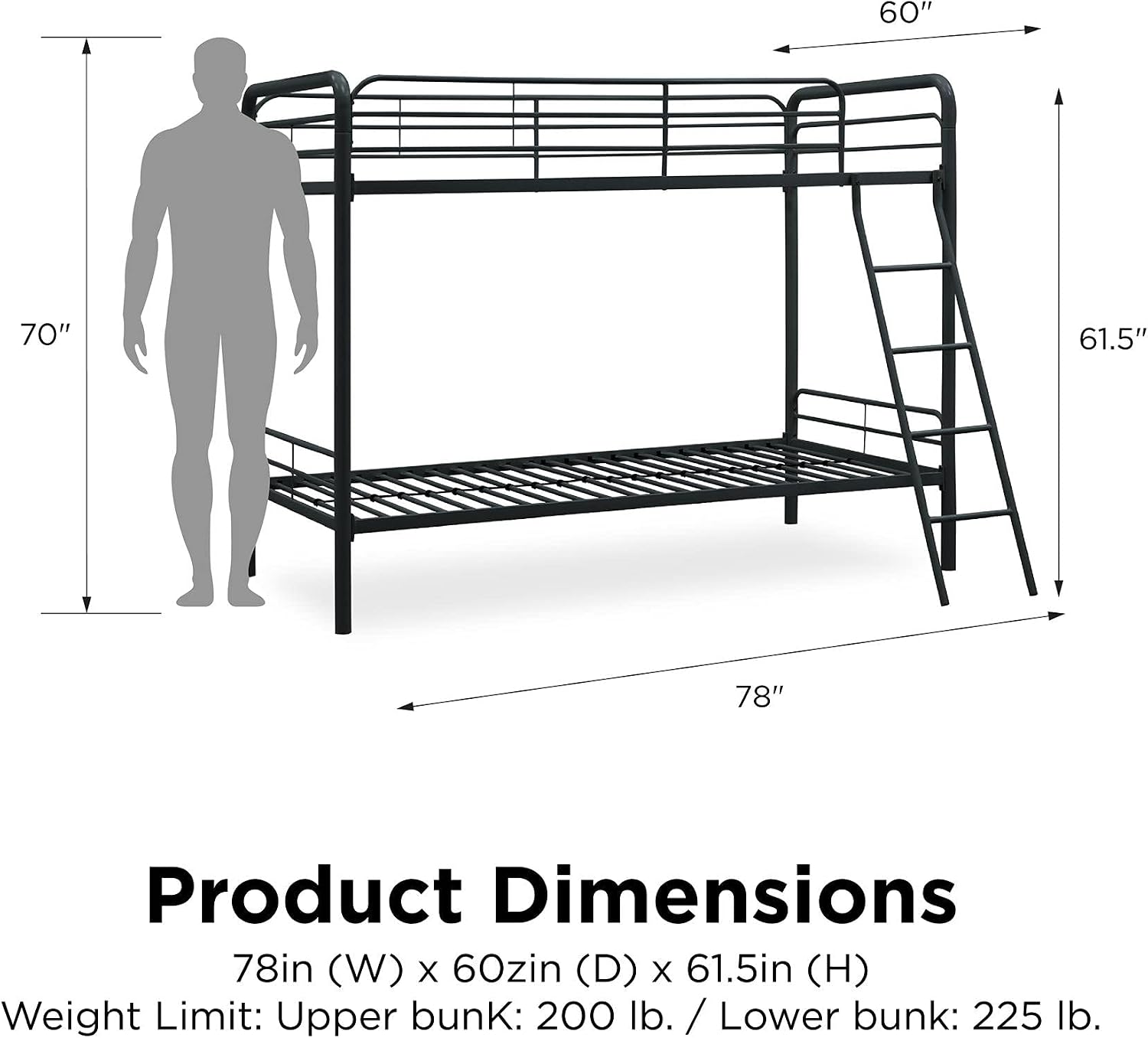 DHP Twin-Over-Twin Bunk Bed with Metal Frame and Ladder, Space-Saving Design, Black Black Twin/Twin