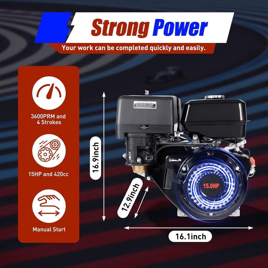 15HP Gas Engine, 4-Stroke 420CC Gas Horizontal Engine, Go Kart Motor Engine, OHV Single Cylinder Manual Recoil Start Petrol Engine for Pumping Machine Microtiller Sprinkler Weeder (15HP, 420CC,Black)