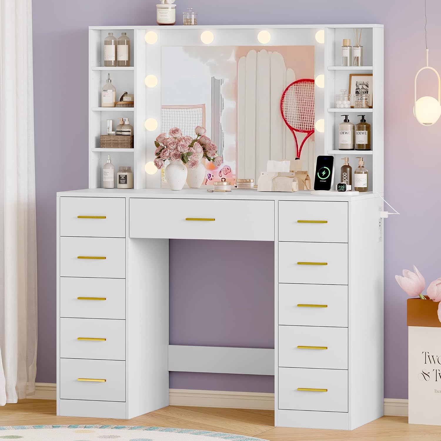 Wodeer Makeup Vanity with Drawers, 43' White Vanity Desk with Mirror and Lights, 11 Drawers & 4 Shelves, Power Outlet & Adjustable LED Lights, Dressing Table for Women & Girls Bedroom
