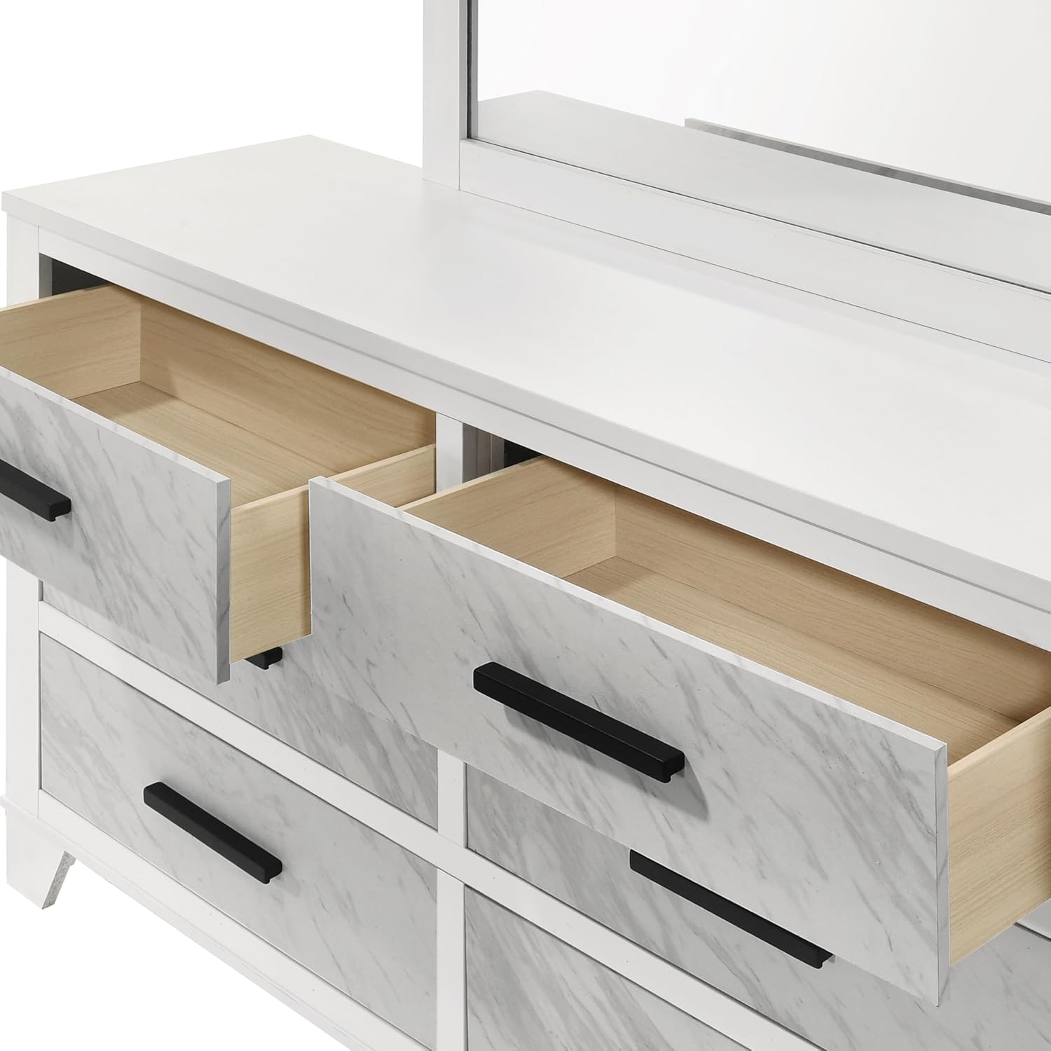 Furniture of America Anton Modern Solid Wood 6-Piece Bedroom Set with Faux Marble Headboard Bed, Metal Center Glide on Nightstands, Chest and Dresser with Mirror, Box Spring Needed, Full, White