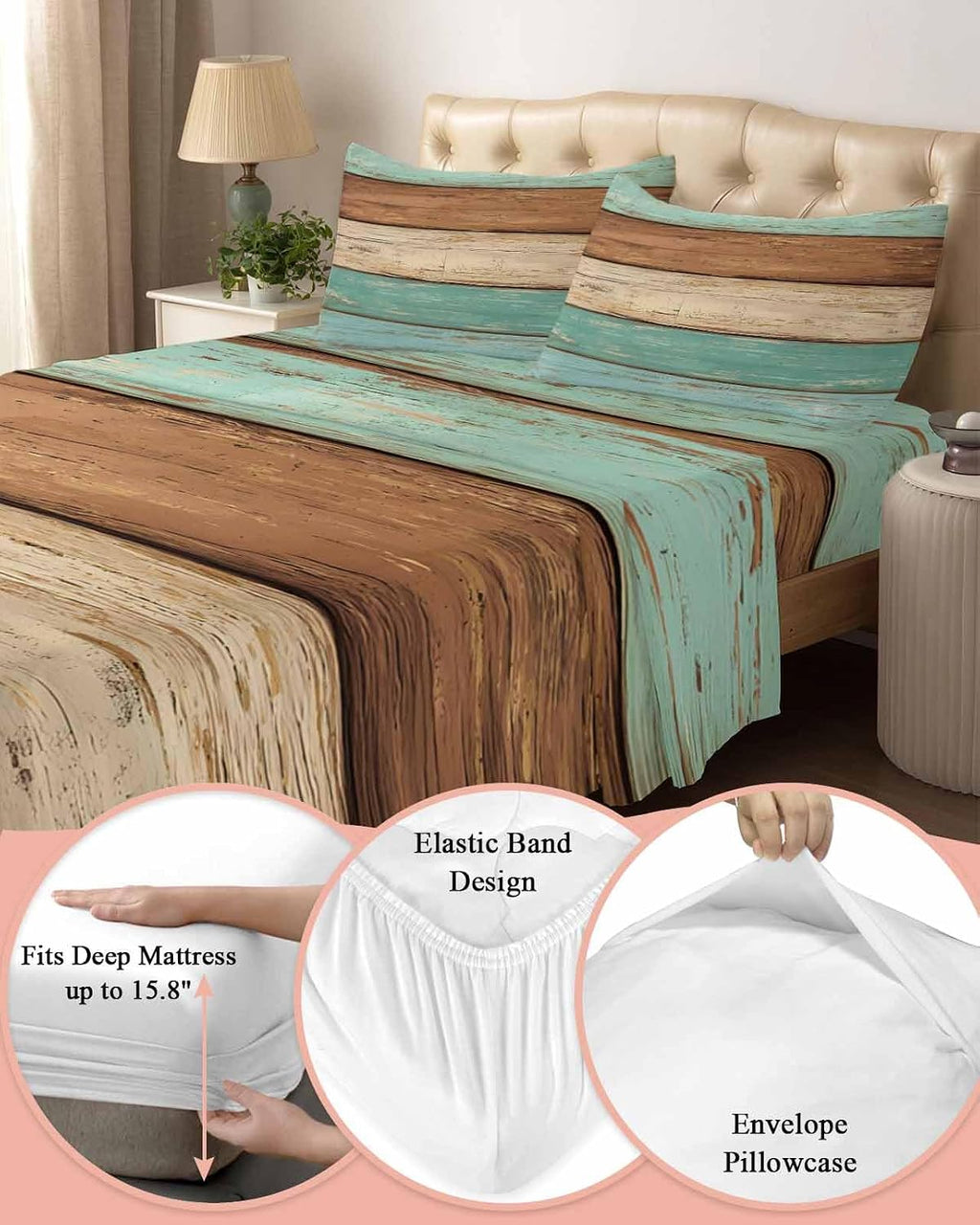 Farmhouse Teal Blue Brown Cal King Sheet Set 4 Piece Bedding - Vintage Wooden Striped Breathable Comfy Cooling Bed Sheets & Pillowcase Sets, Hotel Luxury Flat Sheets Deep Pockets Fitted Sheet