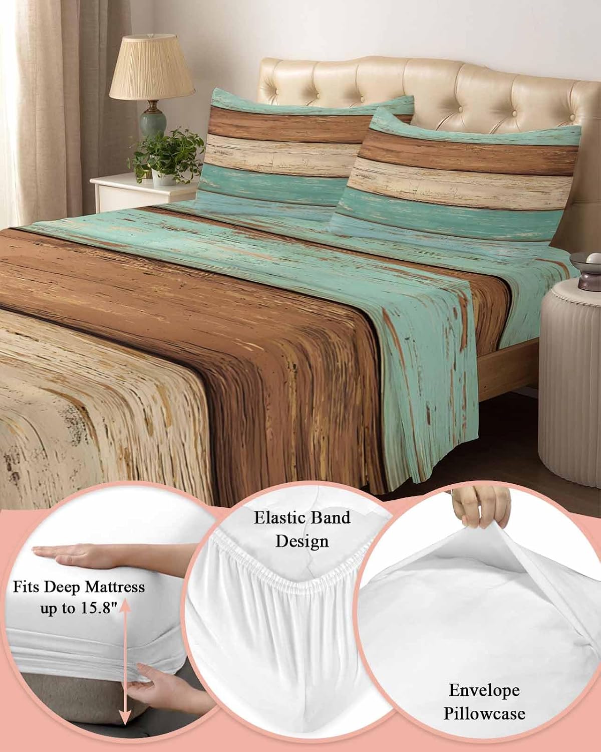 Farmhouse Teal Blue Brown Cal King Sheet Set 4 Piece Bedding - Vintage Wooden Striped Breathable Comfy Cooling Bed Sheets & Pillowcase Sets, Hotel Luxury Flat Sheets Deep Pockets Fitted Sheet