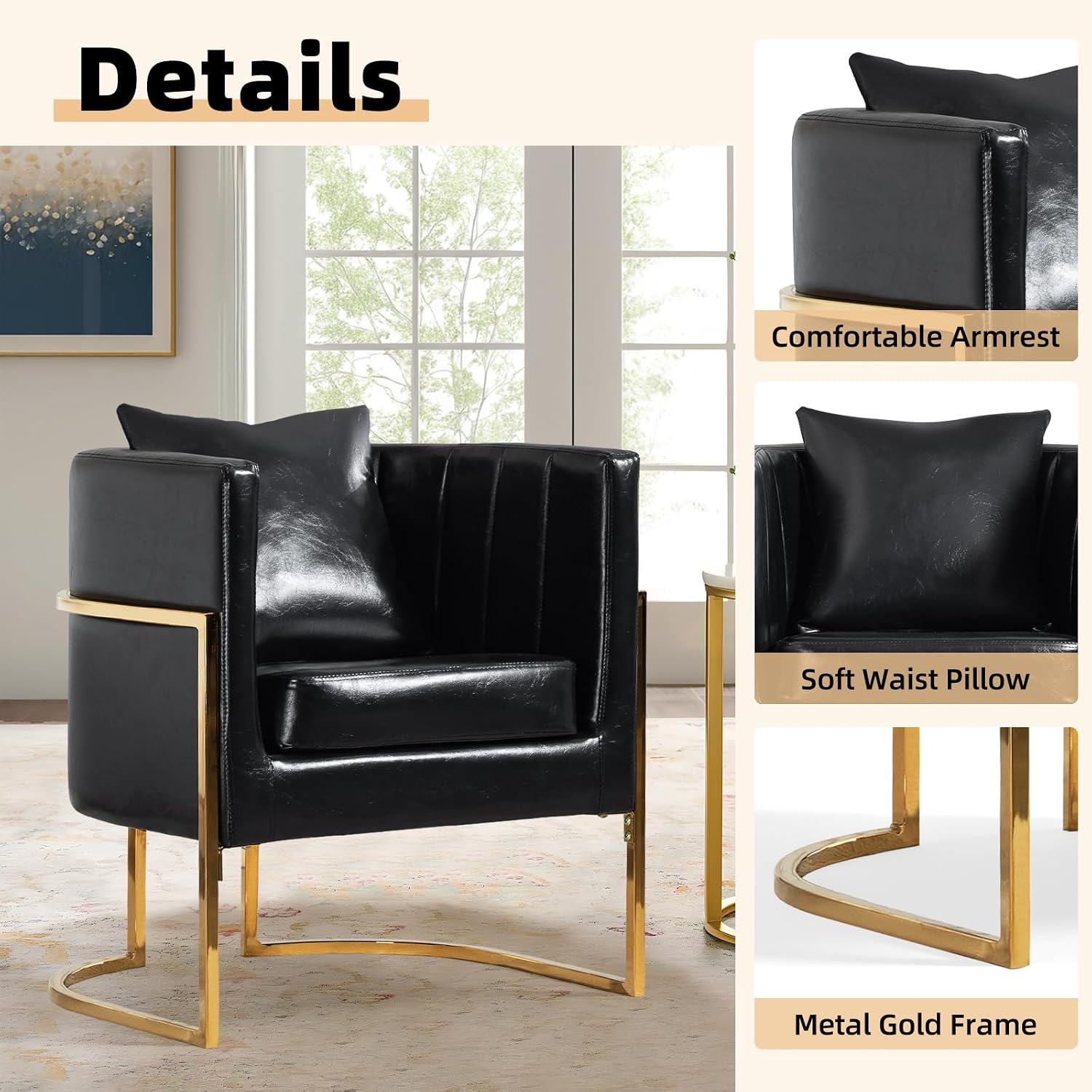 Modern Leather Accent Chair, Mid Century Upholstered Barrel Armchair with Pillow for Living Room, Comfy Single Vanity Chair with Metal Gold Legs for Bedroom, Black