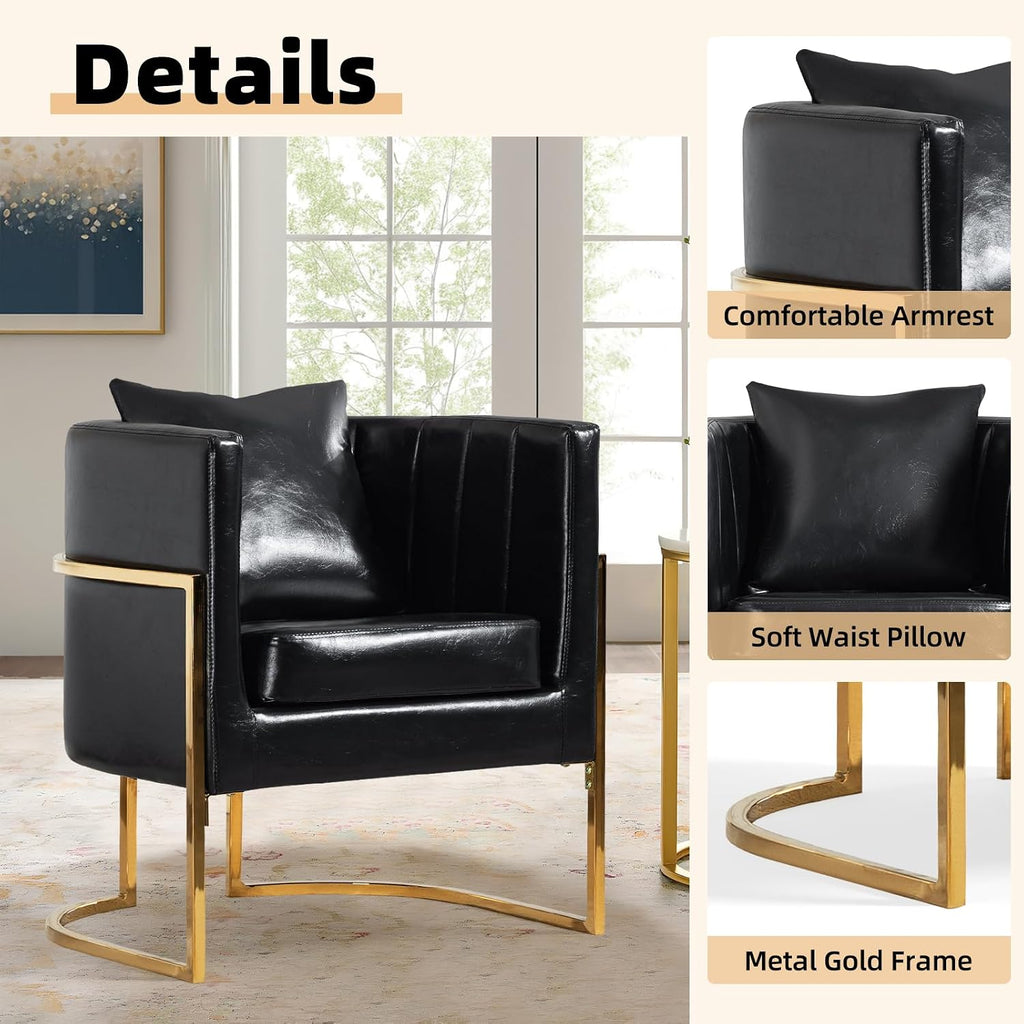Modern Leather Accent Chairs Set of 2, Mid Century Upholstered Barrel Armchair with Pillow for Living Room, Comfy Single Vanity Chair with Metal Gold Legs for Bedroom, Black
