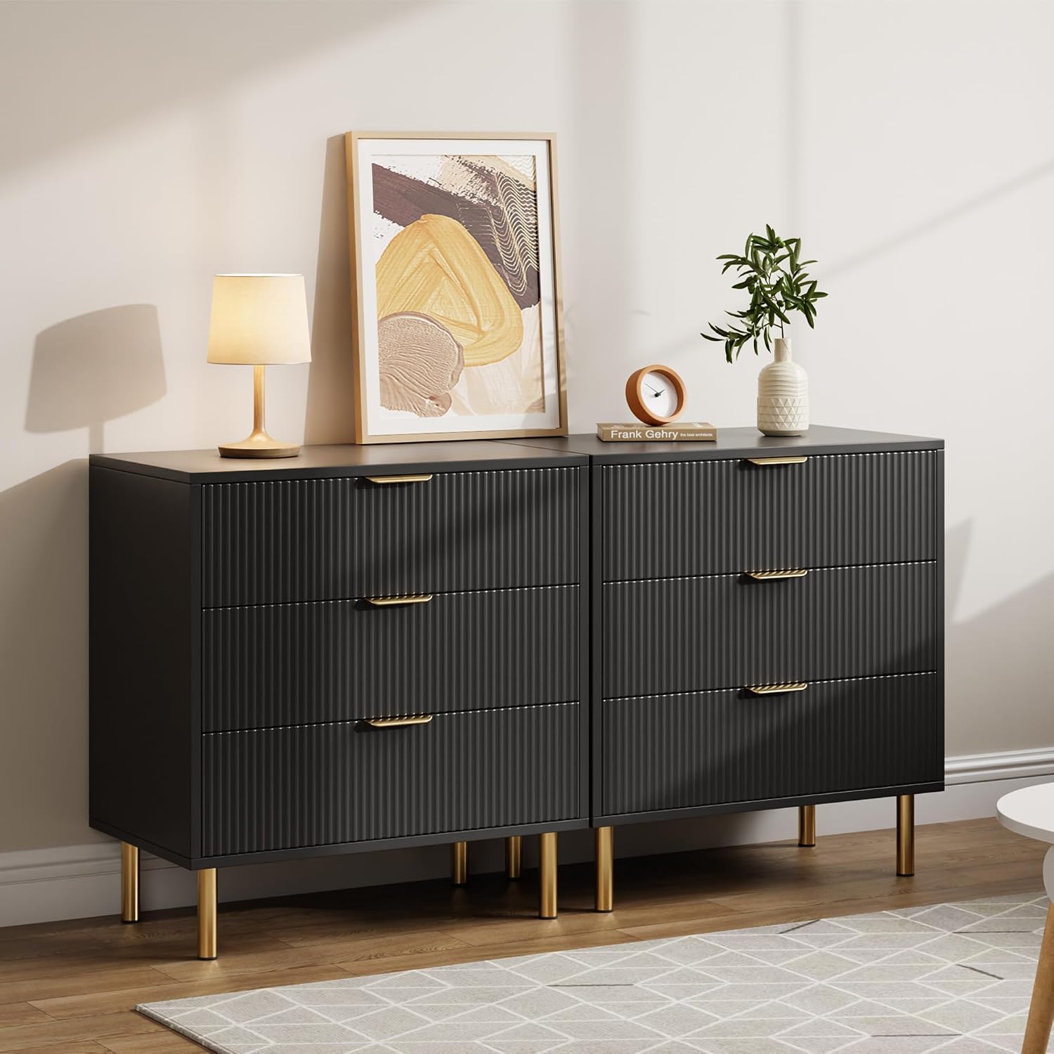 GarveeHome Black Dresser, Modern 3 Drawer Dresser for Bedroom with Gold Handle and Large Drawer, Wood Double Chest of Drawers and Storage Organizer for Living Room, Hallway, Entryway