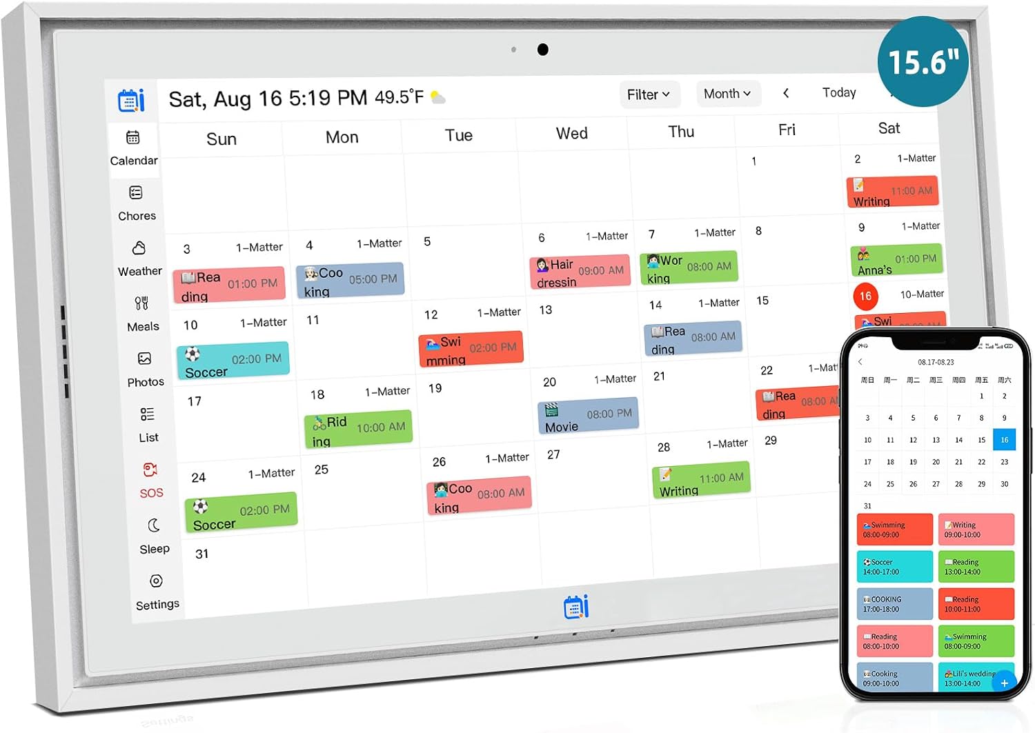 15.6 'Digital Calendar & Chore Chart, For Family Scheduling, Meal Planning, Task Rewards, Video Call，Online Sync With Mobile App, 32G Memory Smart Digital Photo Frame, Desktop Stand And Wall-Mounted