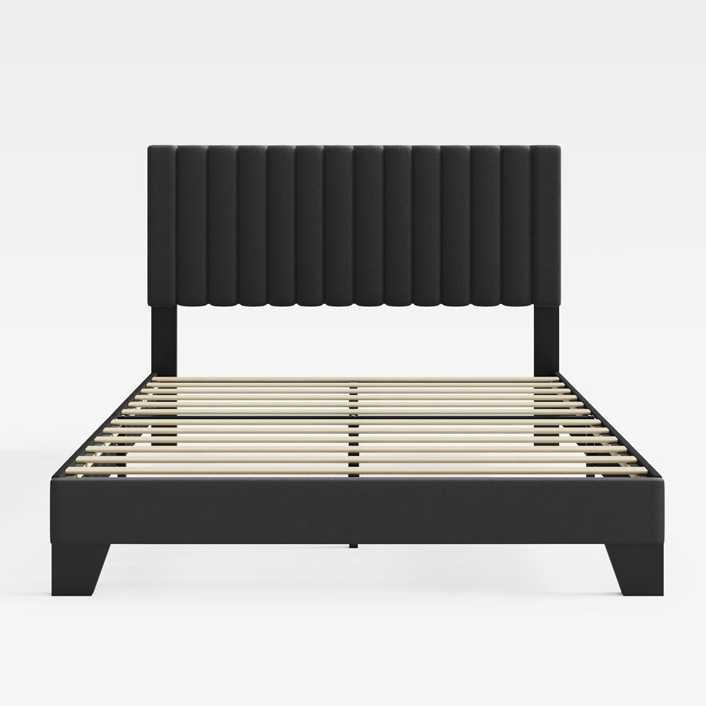 Queen Size Bed Frame, Velvet Upholstered Platform Bed with Adjustable Tufted Headboard, Sturdy Frame and Slats, Noiseless, No Box Spring Required, Easy to Assemble, Black