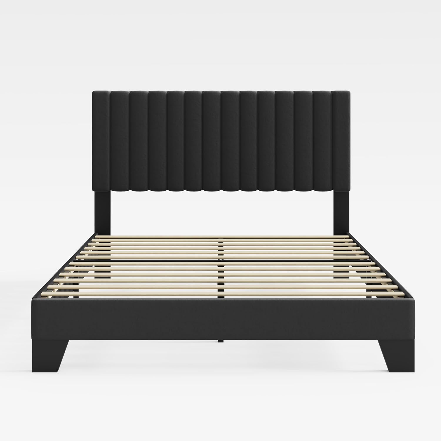 Queen Size Bed Frame, Velvet Upholstered Platform Bed with Adjustable Tufted Headboard, Sturdy Frame and Slats, Noiseless, No Box Spring Required, Easy to Assemble, Black