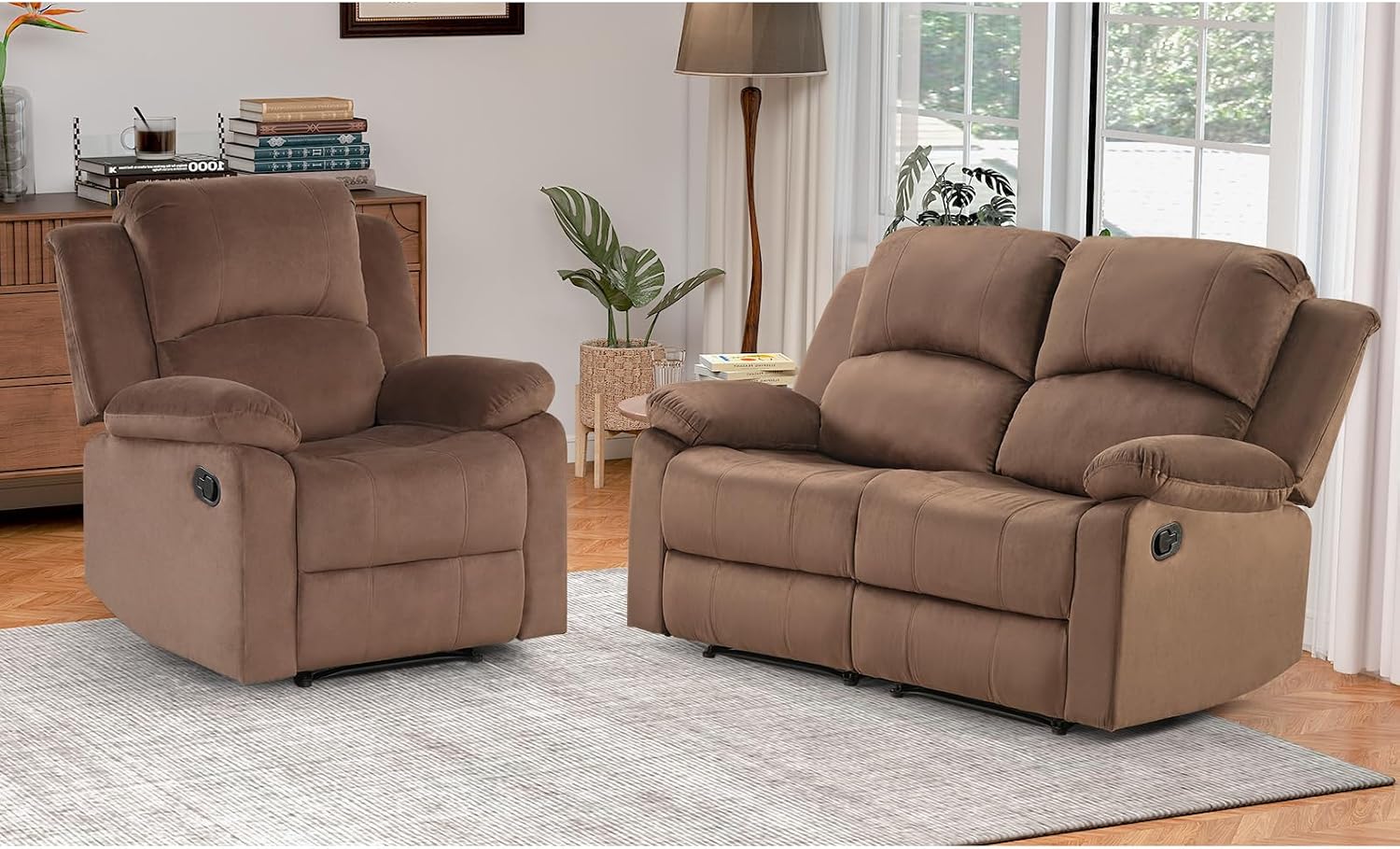 EBELLO Manual Reclining Couch Set for Living Room, Include 1 Recliner Chair, 1 Loveseat Sofa, Recliner Sofa Furniture Set for Home and Office, Brown