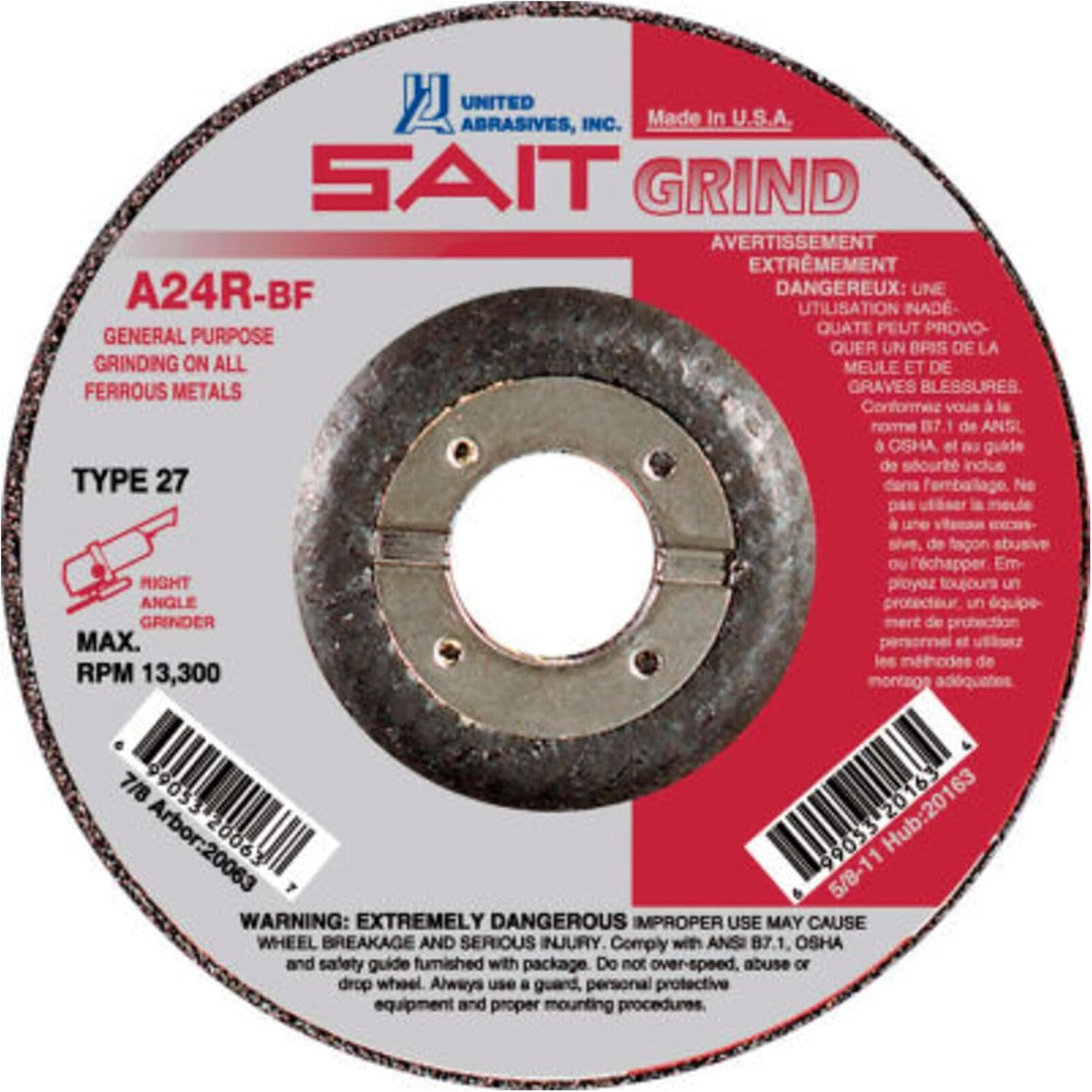 United Abrasives-SAIT20079 A24R General Purpose/Long Life Grinding Wheel (Type 27/Depressed Center) 6' x 1/4' x 7/8', 25-Pack