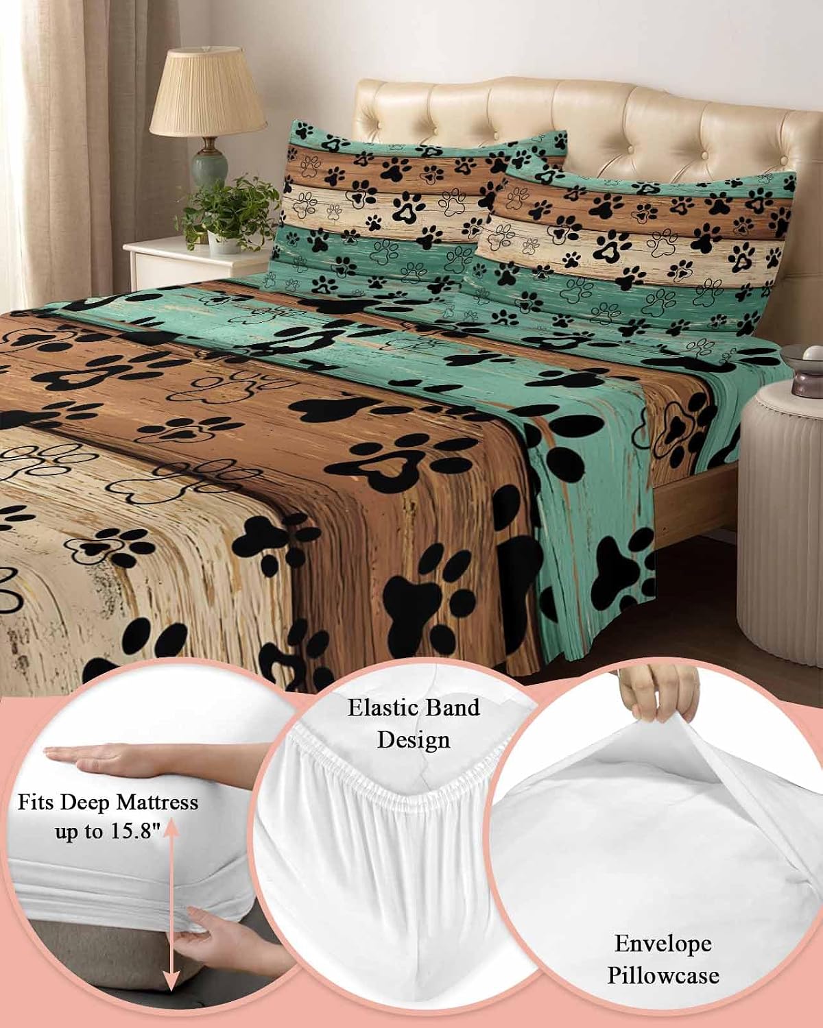 Teal Green Brown Cal King Sheet Set 4 Piece Bedding - Farmhouse Dog Paw Vintage Breathable Comfy Cooling Bed Sheets & Pillowcase Sets, Hotel Luxury Flat Sheets Deep Pockets Fitted Sheet for Women Men