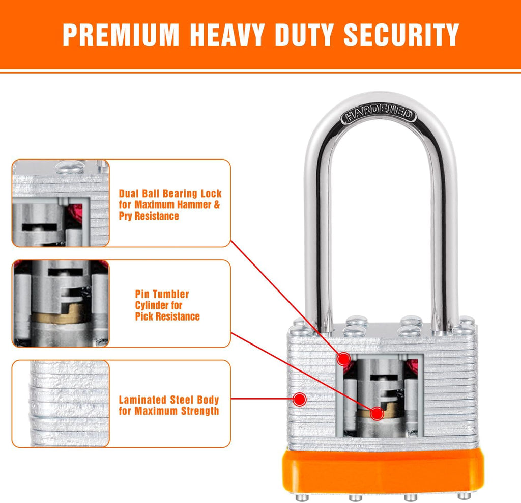 48Pcs Padlocks with Same Keys,Laminated Steel Orange Silver(1-9/16',40mm),Long Shackle for Sheds,Gates,Fences,Toolbox,Outdoor and Indoor Use