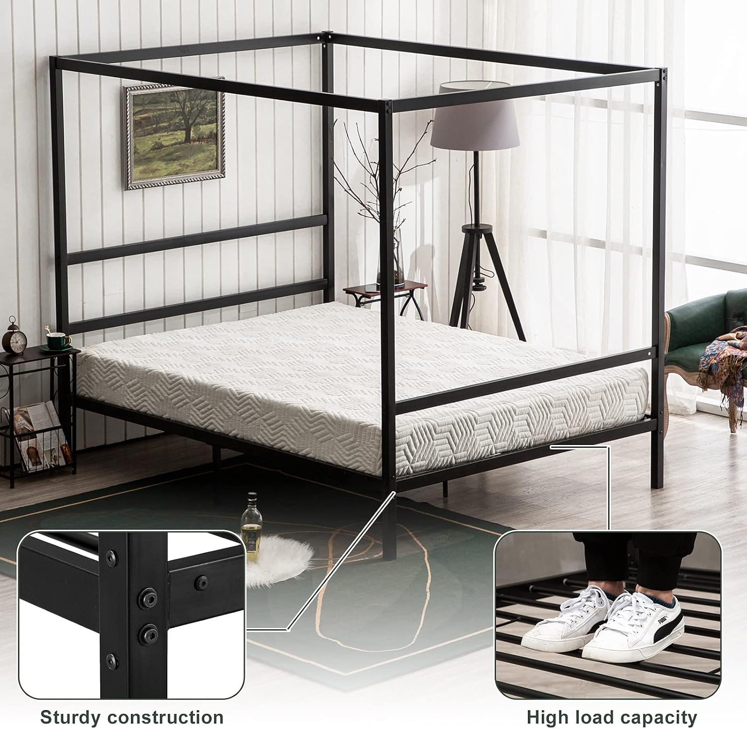 Bonnlo Black Canopy Bed Frame Full with Headboard, 10 Inch Metal Platform Bed Full with 4 Posters, No Box Spring Needed