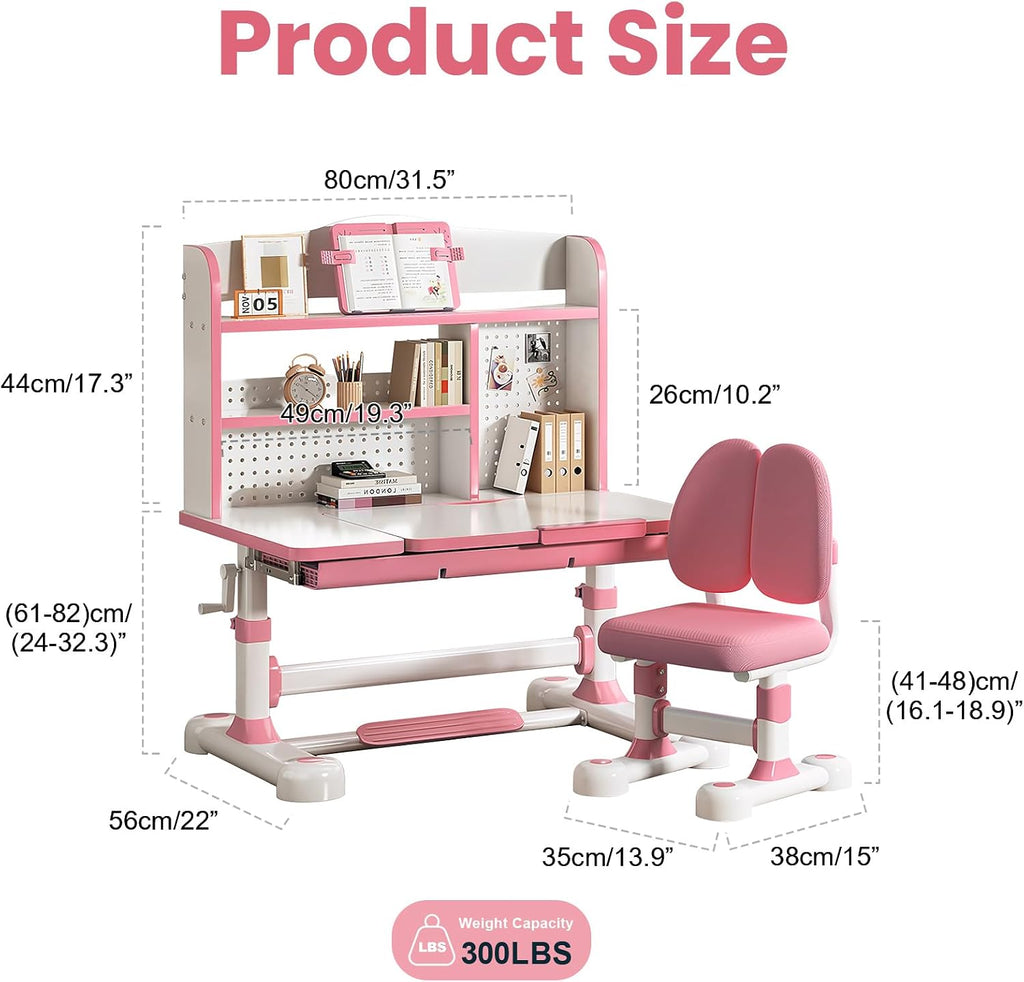 Kids Functional Desk and Chair Set – Ergonomic Height Adjustable Art Desk with One-Touch Tilting Desktop, Book Stand, Reading Rack & Storage Drawer for Children Boys & Girls (013-Pink)