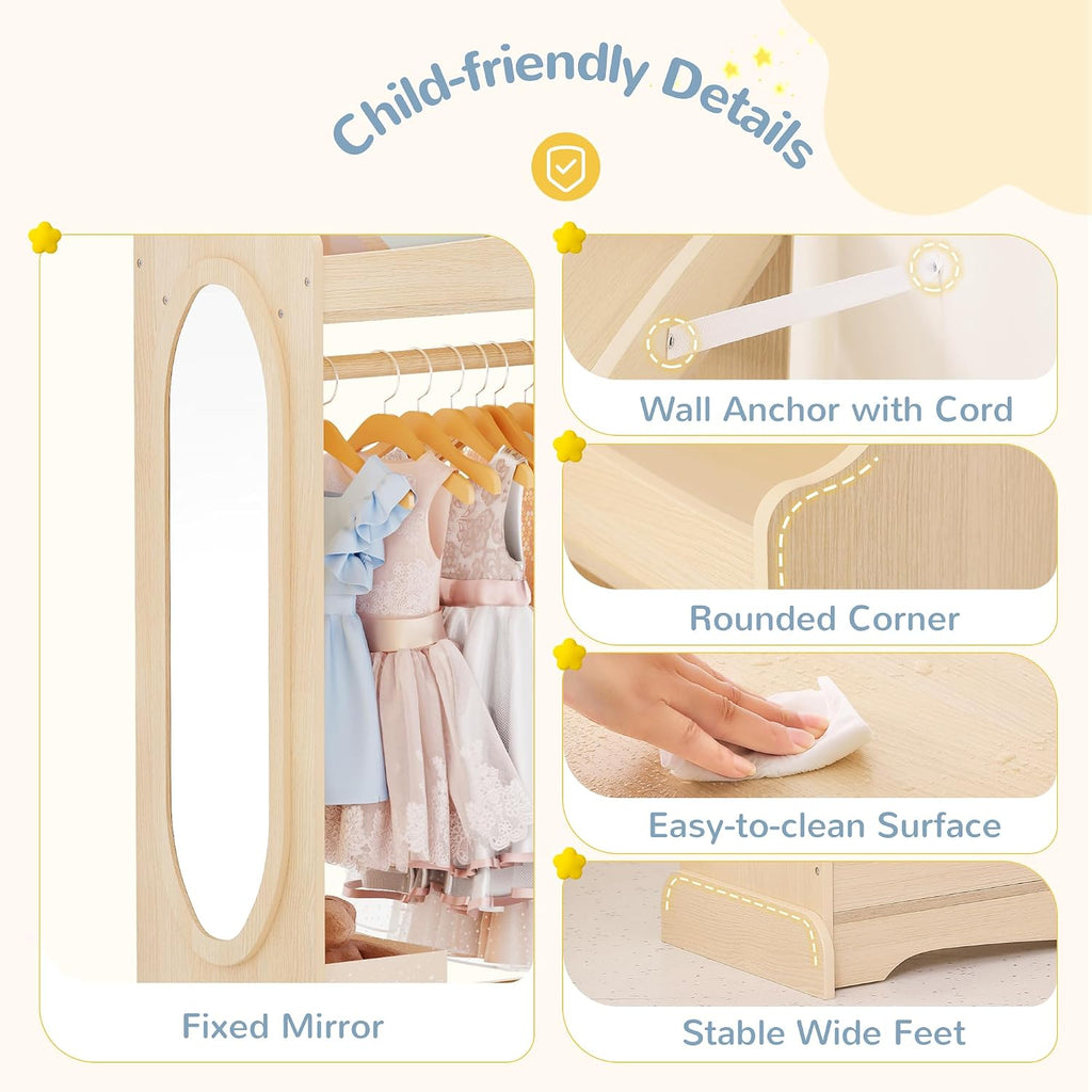 Curipeer Kids Dress up Storage with Mirror, Kids Wardrobe with Storage & 3 Hooks, Kids Closet for Girls Boys, Kids Costume Organizer, Open Hanging Armoire Wardrobe Closet for Bedroom, Natural