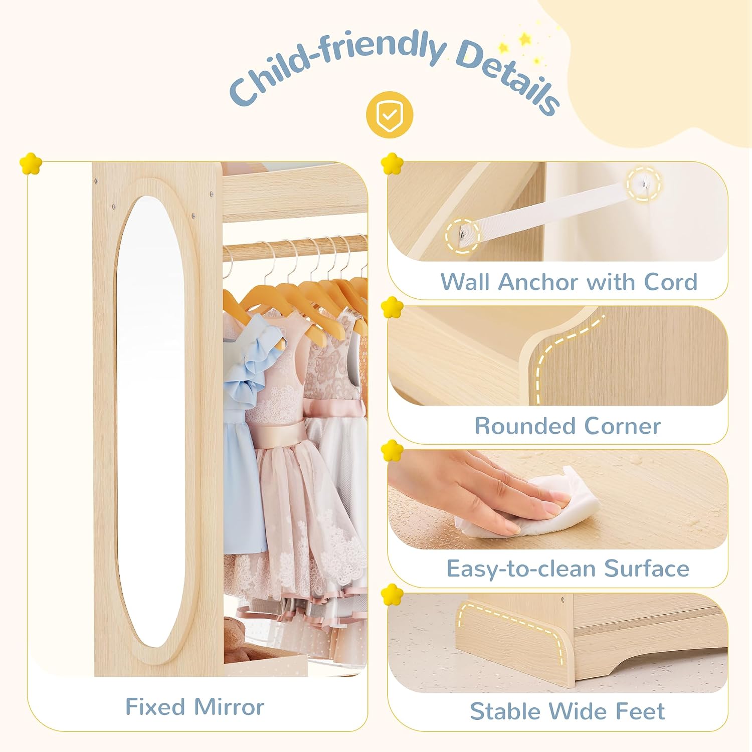 Curipeer Kids Dress up Storage with Mirror, Kids Wardrobe with Storage & 3 Hooks, Kids Closet for Girls Boys, Kids Costume Organizer, Open Hanging Armoire Wardrobe Closet for Bedroom, Natural