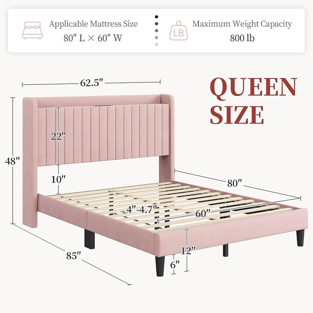 Yaheetech Queen Bed Frame with USB Charging Station and Storage Shelf/Upholstered Headboard Platform Bed with Wing Side/Wooden Slats Support/Noise Free/No Box Spring Needed/Easy Assembly, Pink