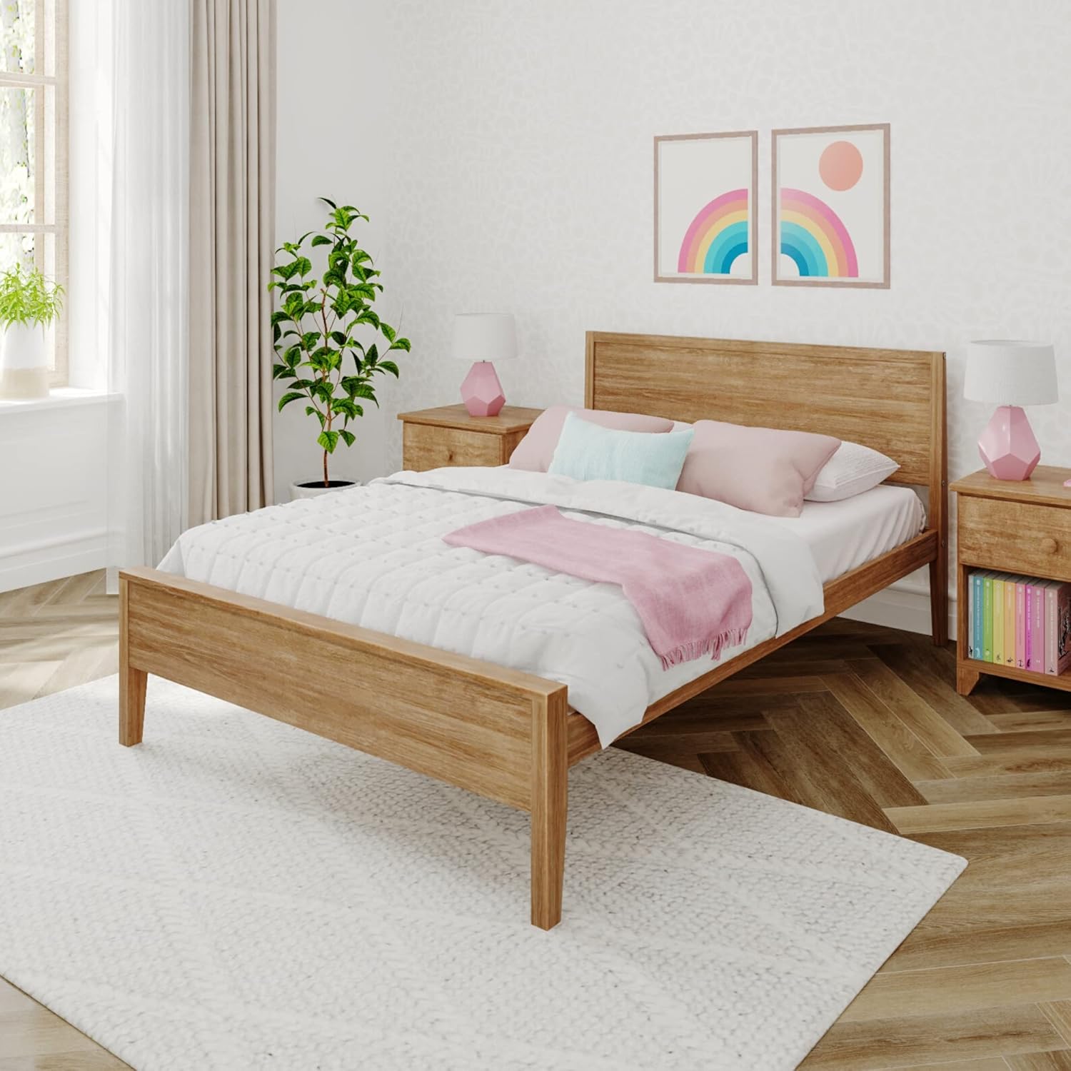 Max & Lily Full Bed, Solid Wood Full Bed Frame with Panel Headboard, Kids Full Bed with Wood Slat Support, No Box Spring Needed, Pecan
