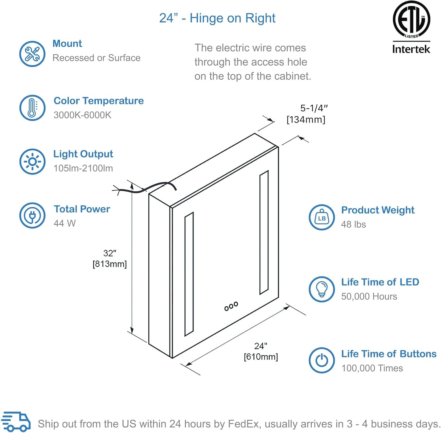 Blossom LED Medicine Cabinet Mirror for Bathroom, 24x32 Inch - Lighted Medicine Cabinet with Mirror - Recessed or Surface Makeup Mirror, Anti-Fog, Adjustable Brightness - P1(M)-24-Right Hinge