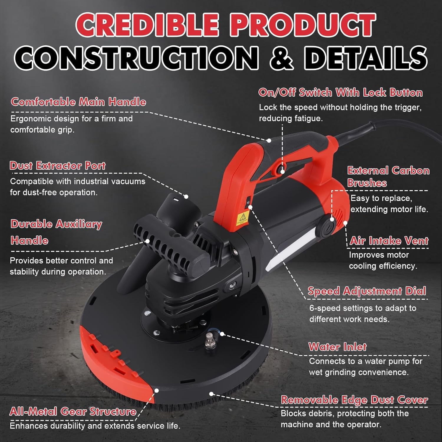 7-Inch Concrete Surface Grinder, 2200W Powerful Concrete Sanding Machine Concretes Sander, 90° Seamless sanding for Floors, Angle Grinder Kit with Dust Shroud, for Concrete Cement Granite Marble