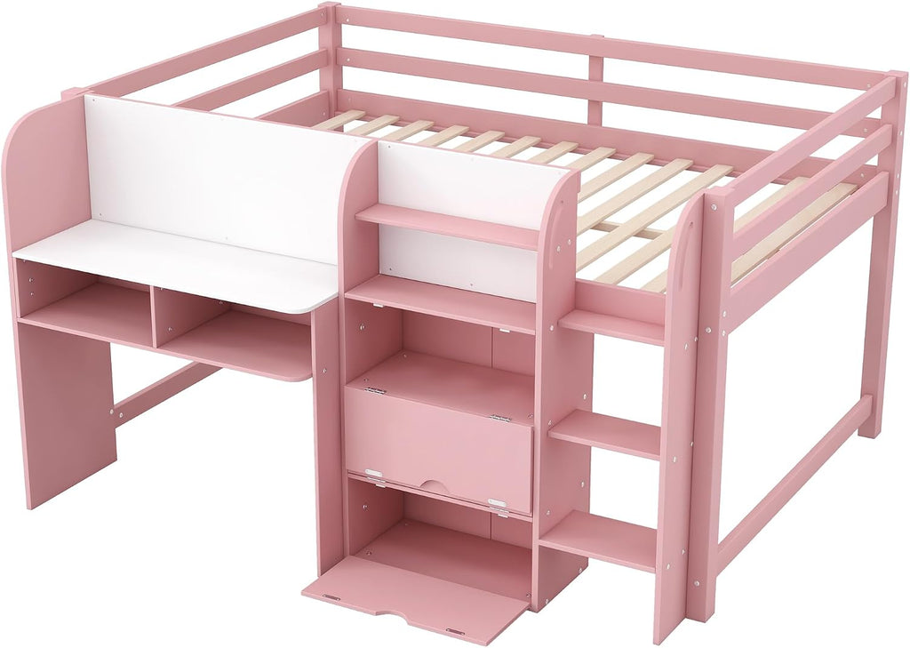 JIVOIT Full Size Loft Bed with Built-in Desk, Wooden Low Loft Bed with Storage Cabinets and Open Bookcase, Whiteboard for Graffiti, Safety Guardrail & Ladder, Easy Assembly (Pink//57)