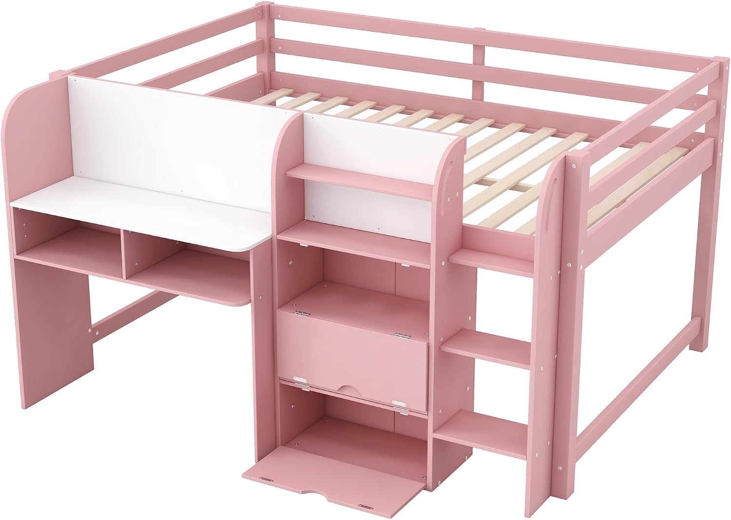 JIVOIT Full Size Loft Bed with Built-in Desk, Wooden Low Loft Bed with Storage Cabinets and Open Bookcase, Whiteboard for Graffiti, Safety Guardrail & Ladder, Easy Assembly (Pink//57)