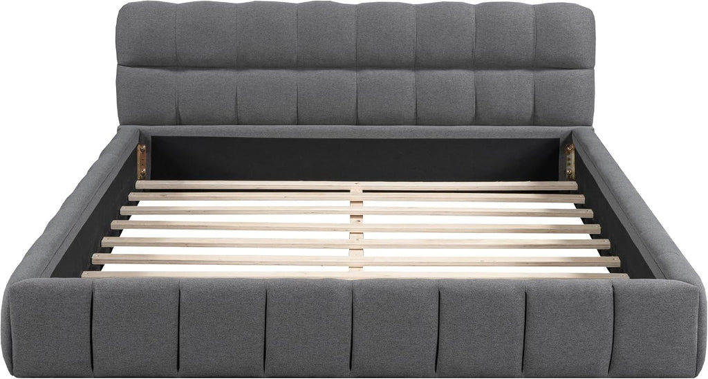 Queen Size Upholstered Platform Bed with Thick Fabric, Grounded Bed with Solid Frame,Wood Slat Support, No Box Spring Needed,Easy Assembly,Bedroom Set (C+Gray)