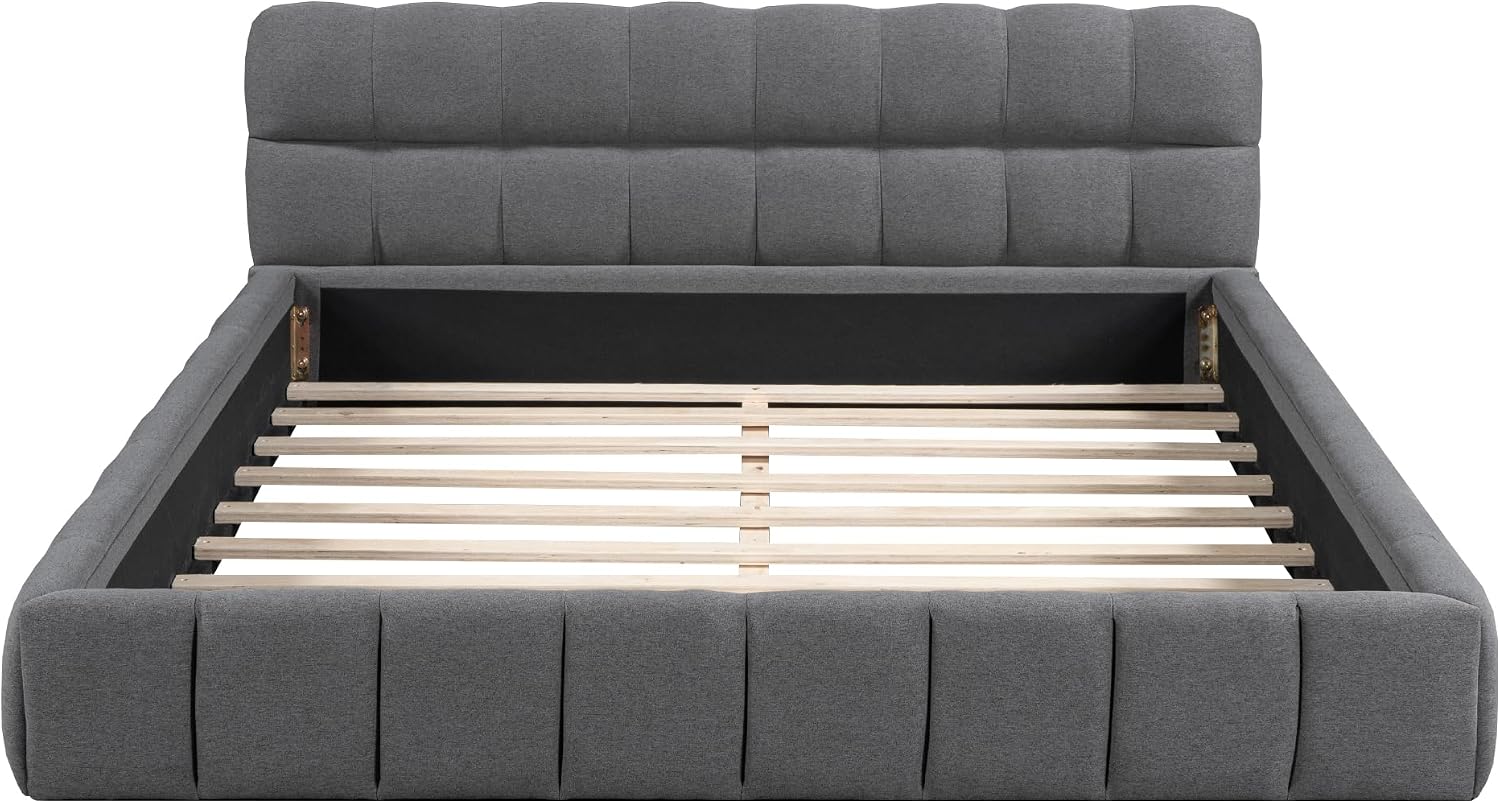 Queen Size Upholstered Platform Bed with Thick Fabric, Grounded Bed with Solid Frame,Wood Slat Support, No Box Spring Needed,Easy Assembly,Bedroom Set (C+Gray)