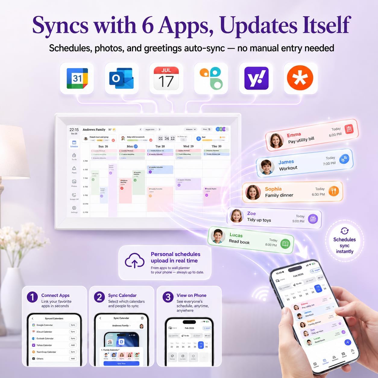 Digital Calendar Wall Touch Screen, No subscription fees,15.6 Inch | Smart Electronic Calendar with WiFi, Chore Chart, Meal Planner, Voice Record, AI Photo Repair, Wall/Desk Mount, Gift for Mom