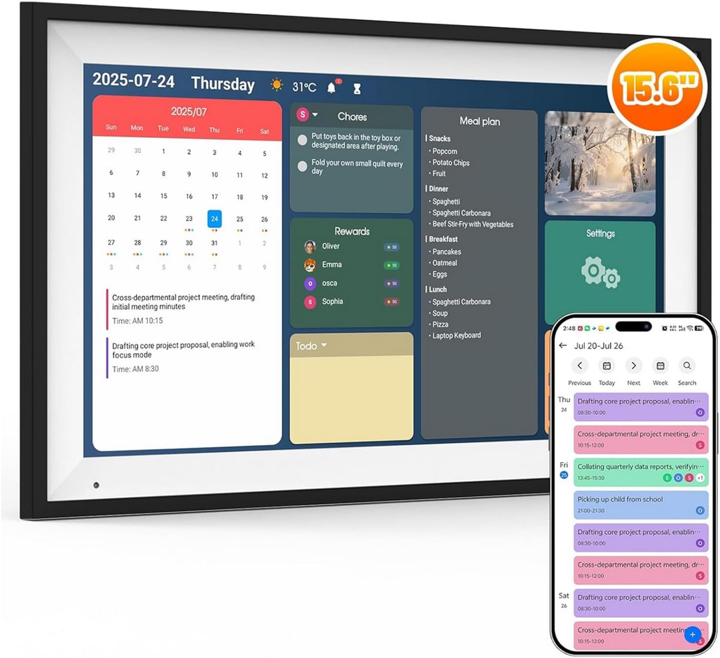 Diydeg 15.6 Inch Smart Calendar, Touchscreen Digital Calendar with 64GB Storage and FHD Screen, Wall Mounted Tabletop Electronic for Family Photos Chores Schedules (US Plug)