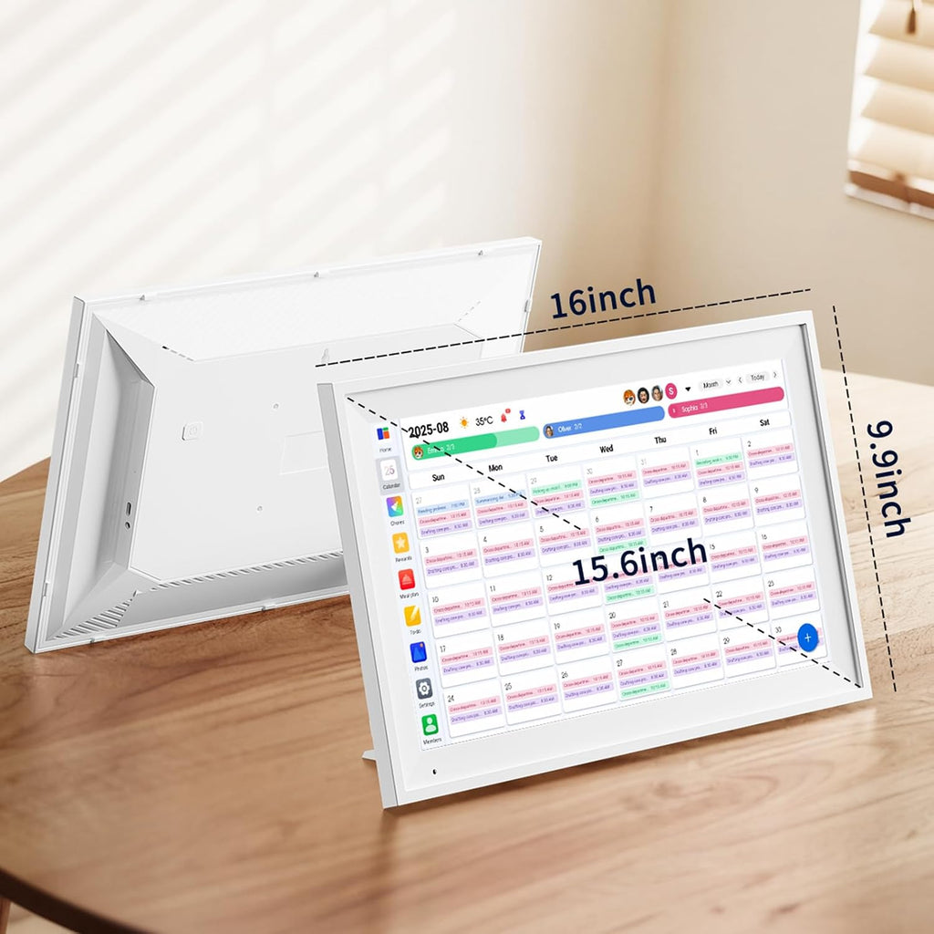 15.6 Inch Digital Calendar, Smart Family Organizer with 1920x1080 IPS Touchscreen, 64GB WiFi Electronic Chore Chart & Meal Planner, Wall Mountable Desk Display for Home (White)
