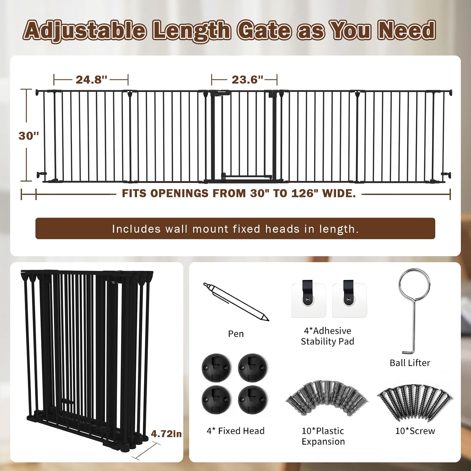 Mumeasy 126' Extra Wide Baby Gate for Doorways, Stairs & Fireplace, Auto Close Safety Dog & Pet Gate with Walk Thru Door, Childproof Fence for Hallway Kitchen House Indoor Outdoor,5 Metal Panels,Black
