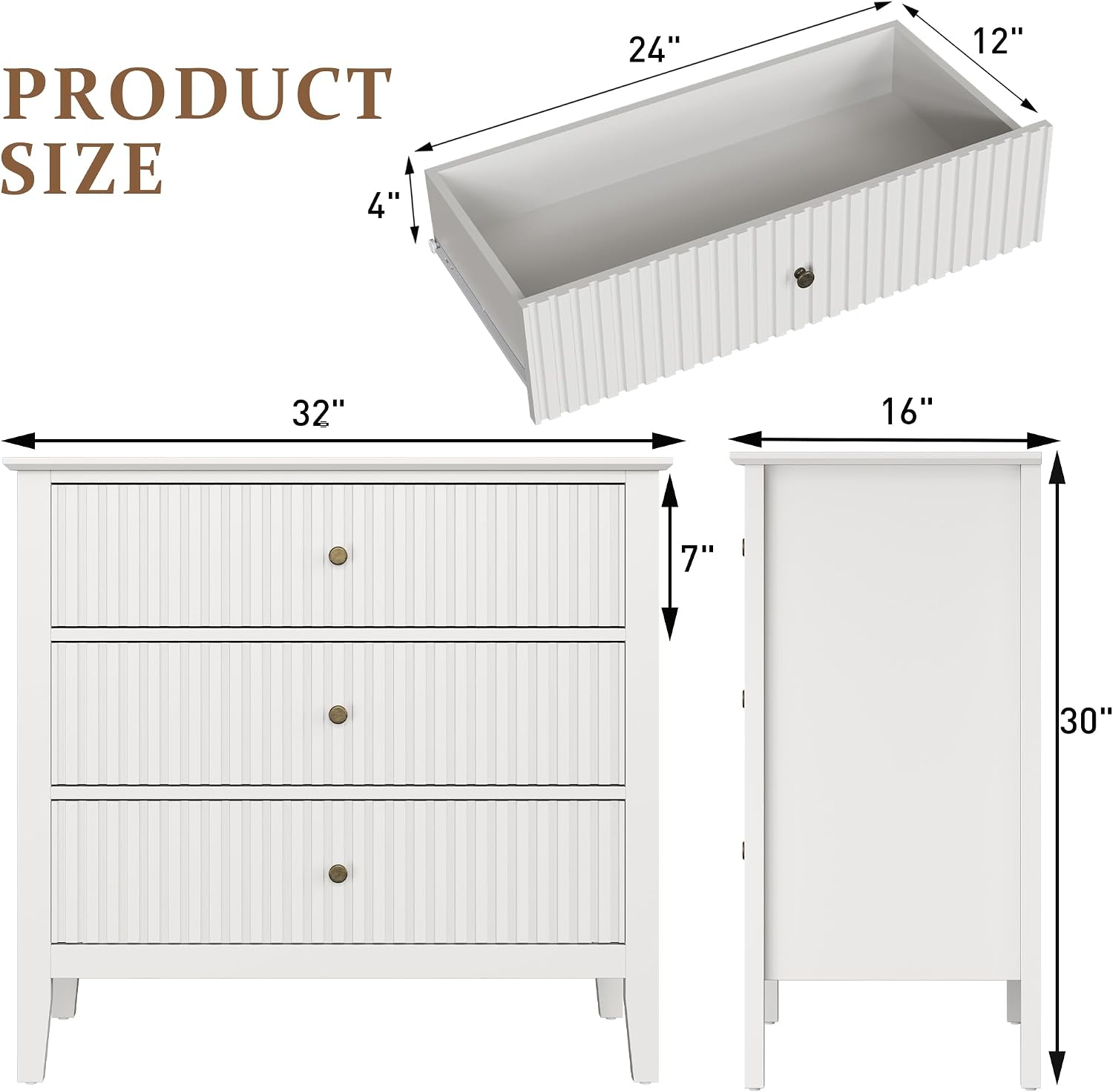 RoyalCraft White Fluted 3 Drawer Dresser, 32 inch Wide Dresser Nightstand for Bedroom, Modern Wood Chest of Drawers, Large Painted Nightstand with 3 Drawers for Closet, Hallway, Entryway