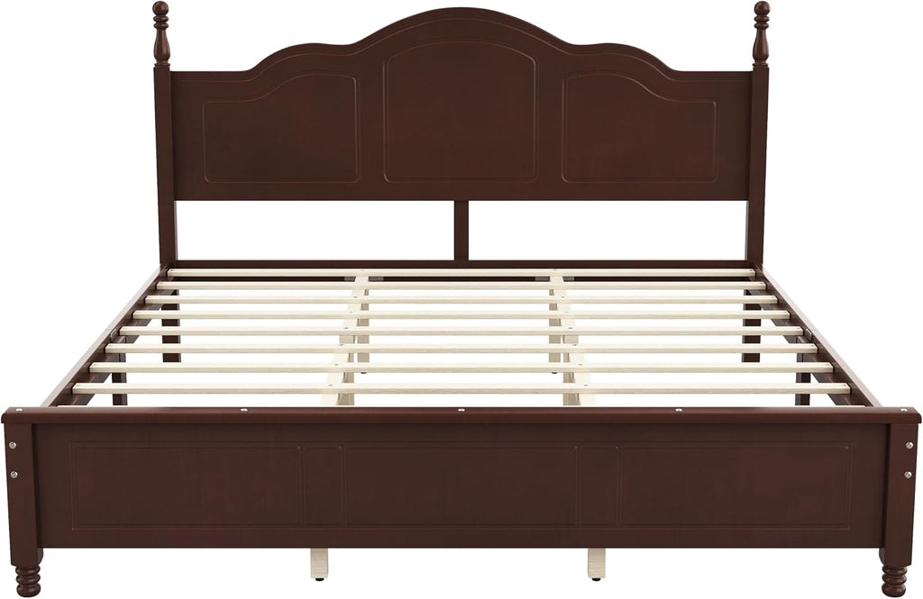 JIVOIT Wood King Bed Frame with Headboard and Footboard, Retro Style Platform Bed with Wooden Slat Support, Solid Wood Foundation, King Size Wooden Bed Frame (Dark Walnut,King Bed, 1)