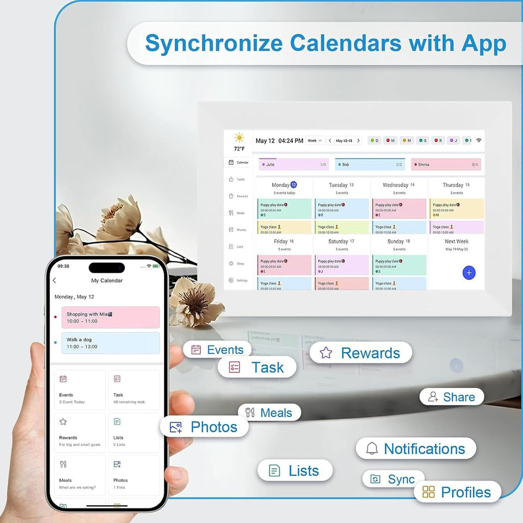 ASHATA 10.1 Inch Digital Calendar, Smart Touch Screen Family Planner with WiFi Sync, Wall Mounted Electronic Calendar for Home Schedules, Support (US)