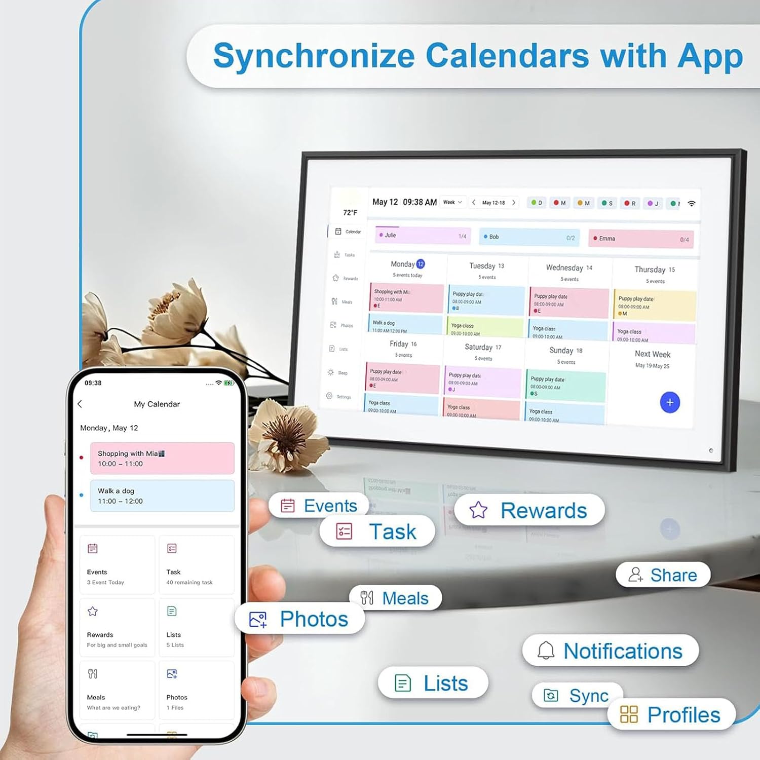 15.6in Smart Calendar Digital Chore Chart, Interactive Touchscreen Electronic Calendar for Family Schedules with APP Control, Wall and Desk WiFi Planner for Family (US Plug)