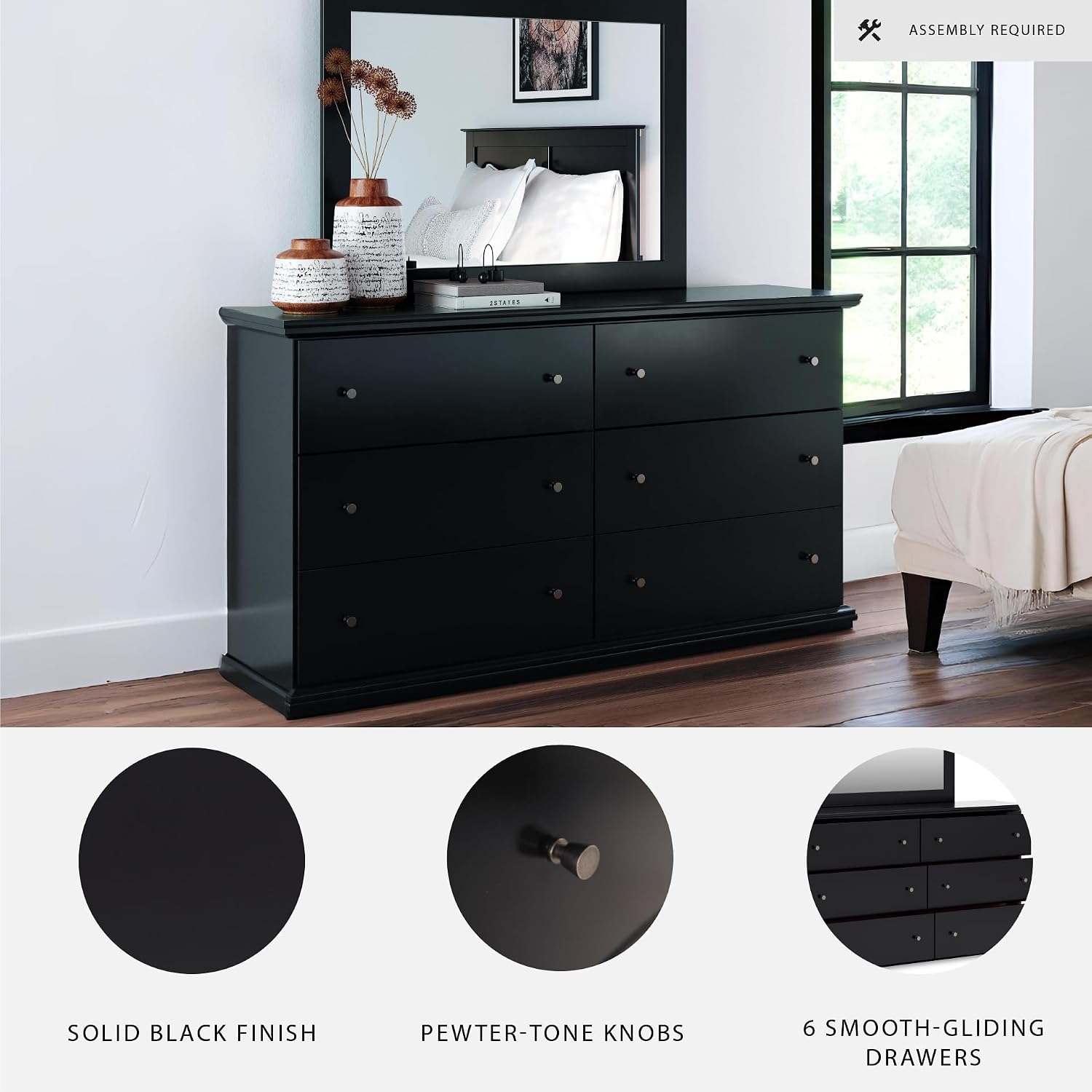 Signature Design by Ashley Maribel Traditional 6-Drawer Dresser and Mirror with Safety Stop, Black