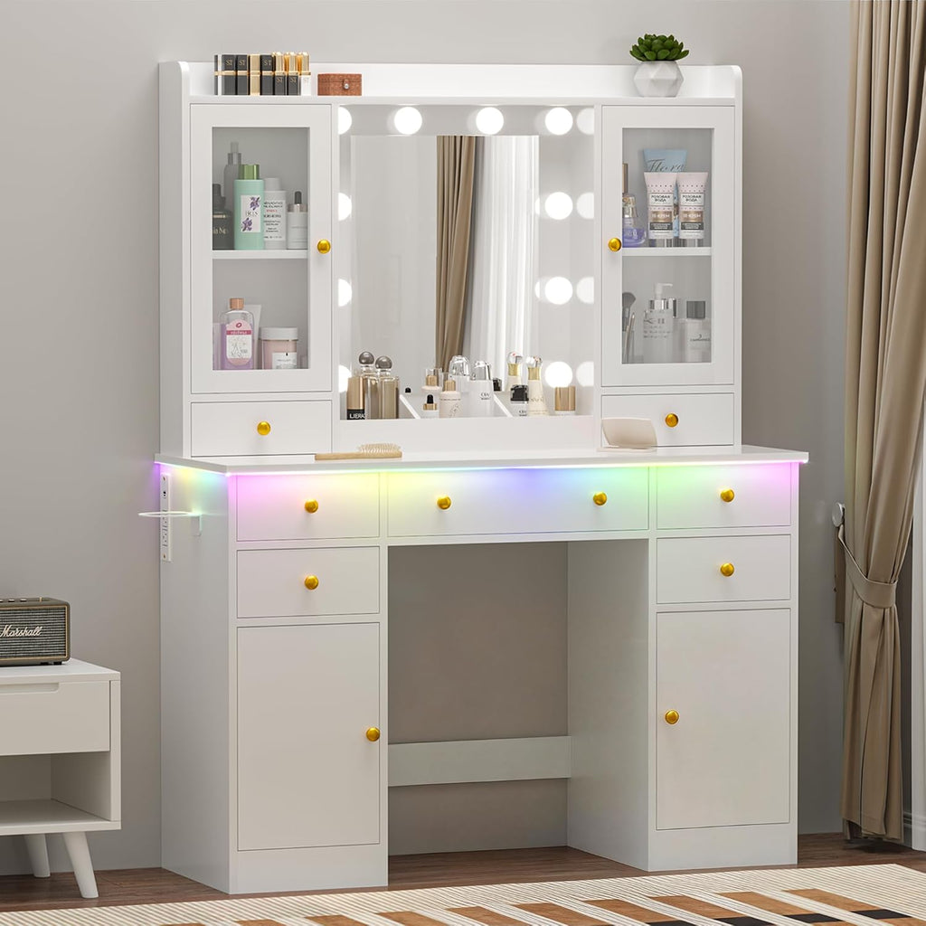 Wodeer Vanity Desk with Mirror and Lights, 43' White Makeup Vanity Set with 5 Drawers & Glass Cabinets, Makeup Tray, Power Outlet & Adjustable LED Lights, Dressing Table for Women Girls Bedroom