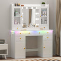 Wodeer Vanity Desk with Mirror and Lights, 43' White Makeup Vanity Set with 5 Drawers & Glass Cabinets, Makeup Tray, Power Outlet & Adjustable LED Lights, Dressing Table for Women Girls Bedroom