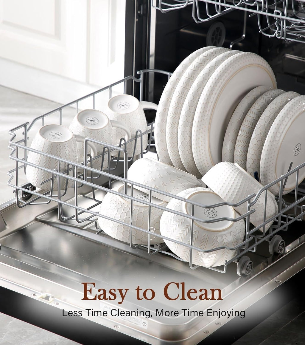 24 Piece Dinnerware Sets for 8 - Farmhouse Style Stoneware Plates and Bowls Sets - Scratch Resistant & Dishwasher Safe, Embossed Boho Ceramic Dish Set, Stack Compactly Dishware - Vintage White