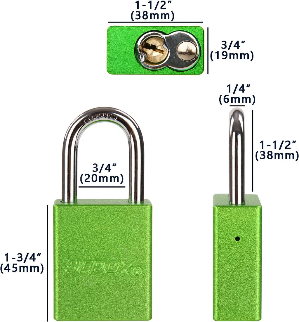 SEPOX® 24-Pack Green Padlocks, Keyed Different | Lightweight spark-proof aluminum, Long Shackle. 72 brass keys. High-security for LOTO, fence, locker, yard & lockout. Green.
