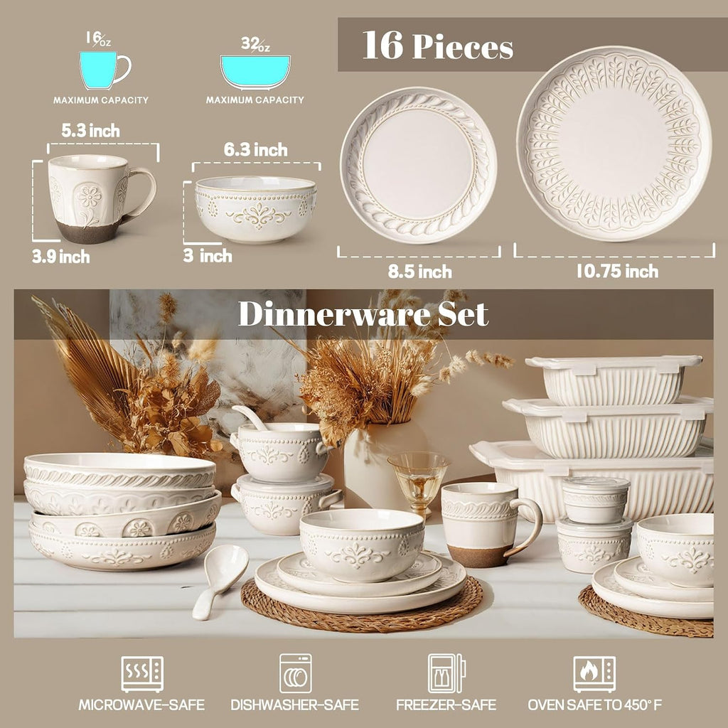 Artena Plates And Bowls Sets, 16 Pieces Dinnerware Sets, Dish Set For 4, Ceramic Kitchen Bowl And Plate Set, Embossed White Dishware Sets, Dishwasher & Microwave Safe (Multiple Patterns) (With Mugs)