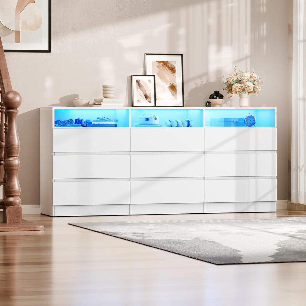 STIKELY 9 Drawer Dresser for Bedroom with Power Outlet and LED Light, Black Dresser Chest of Drawers for Closet, Modern Dressers Organizer Cabinet for Living Room, Entryway, Hallway (White)