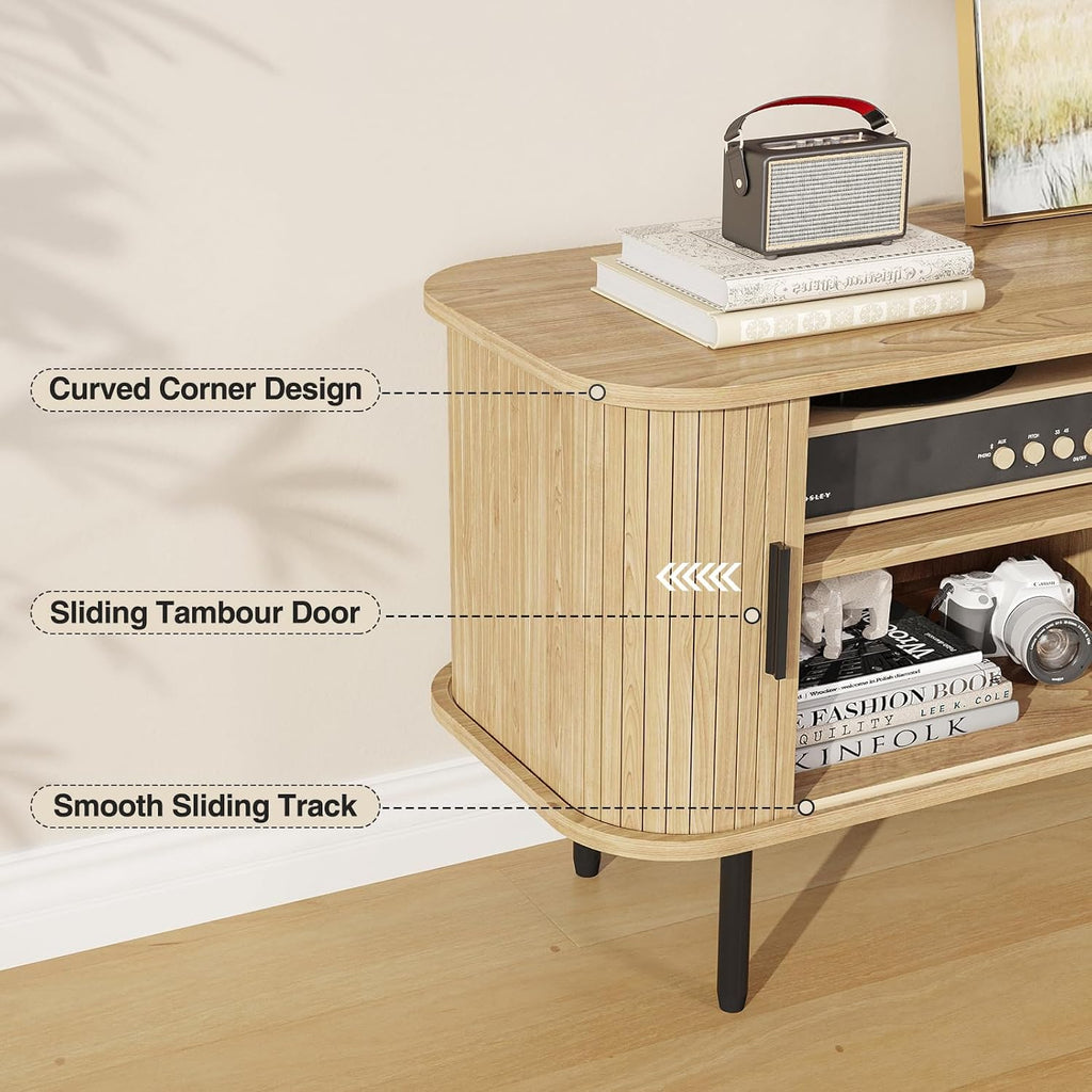 FiveWillowise 47' Natural Fluted TV Stand for TVs up to 60 Inch, Gaming Entertainment Center with Tambour Slatted Sliding Doors and Storage Cabinet, Media TV Consoles Table for Living Room, Office