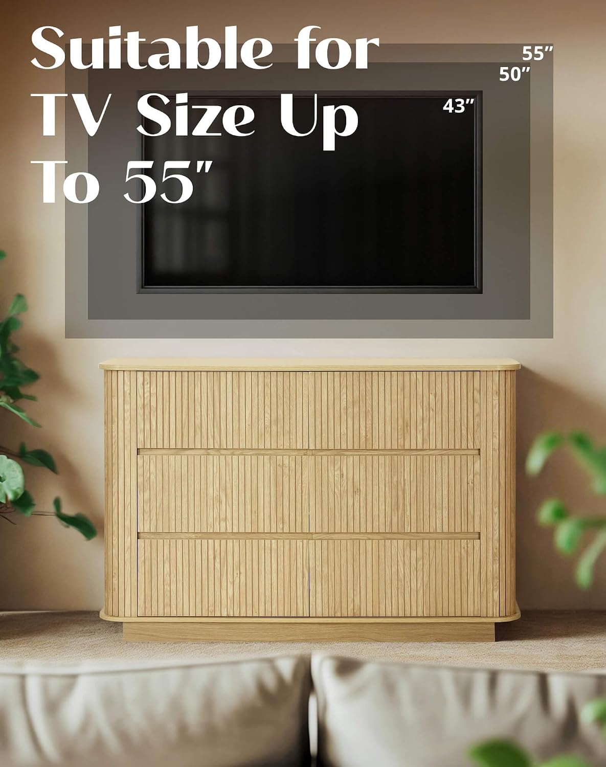 Fluted 6 Drawer Dresser for Bedroom, 47.2' Wide Wood Chests of Drawers with Rounded Corners, Mid Century Modern Closet Clothes Storage Organizer, TV Stand for Living Room, Hallway, Oak